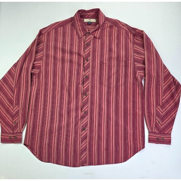 Tommy Bahama Size Large Mens Maroon Salmon Tan Stripe Logo Tag Silk L/S Shirt - Picture 1 of 10